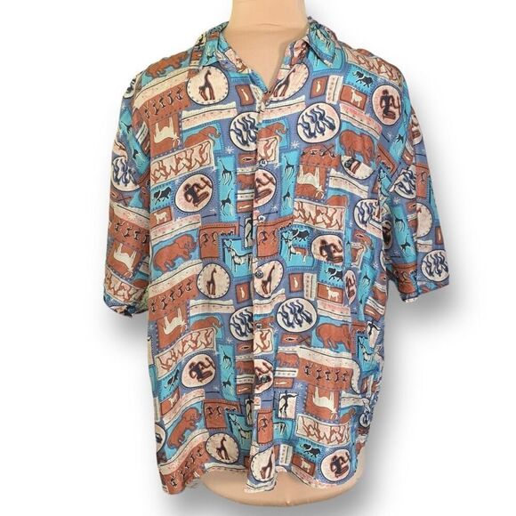 Vintage One Eight Hundred Shirt Aqua Blue Native Art Printed Short Sleeve Silk - Picture 2 of 8